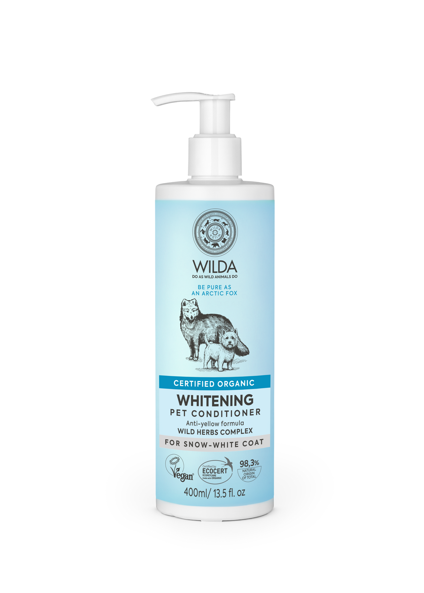 Blue bottle of Wilda Whitening Pet Conditioner for Snow-white coat