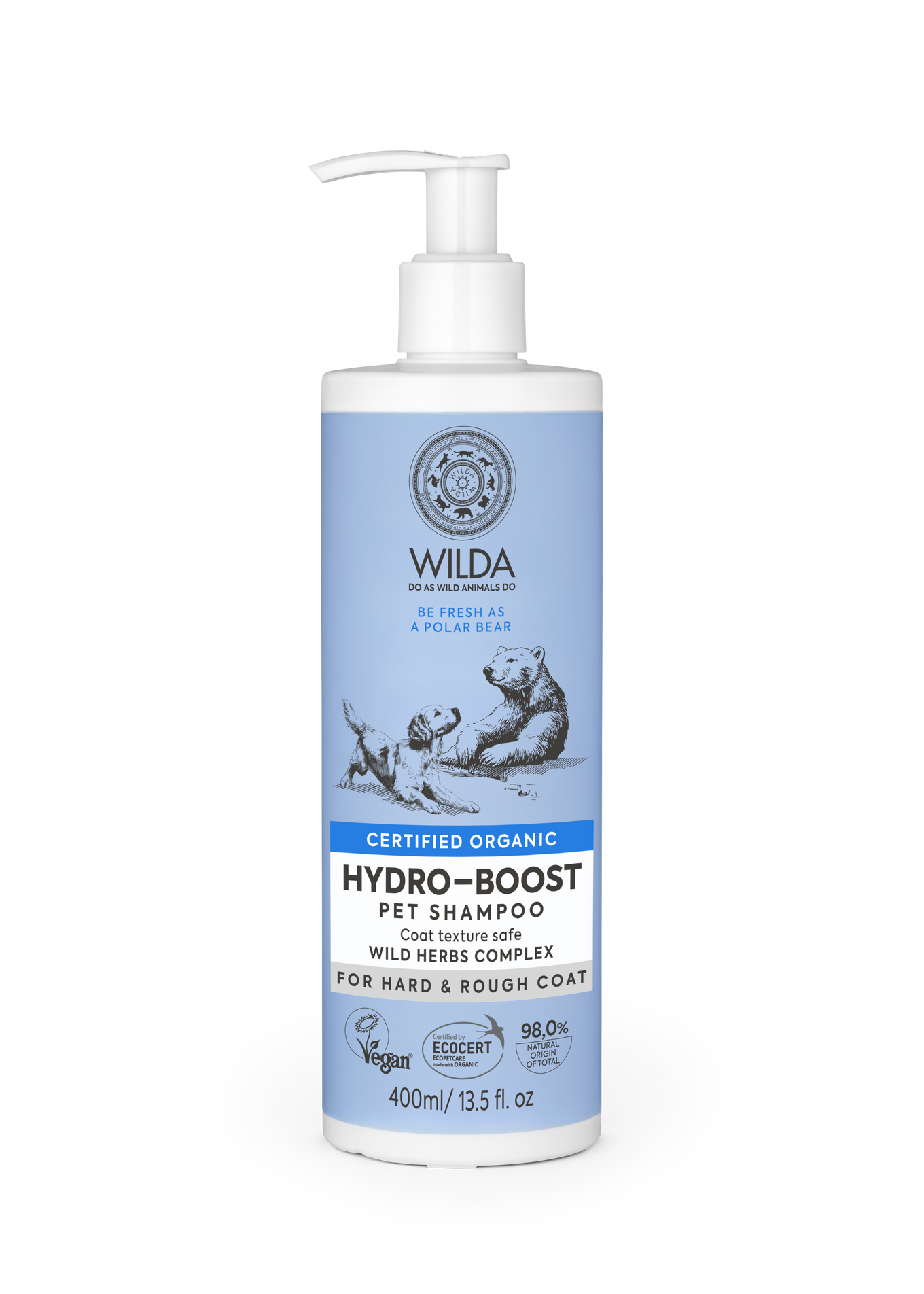 Wilda Hydro-Boost pet shampoo bottle on a white background