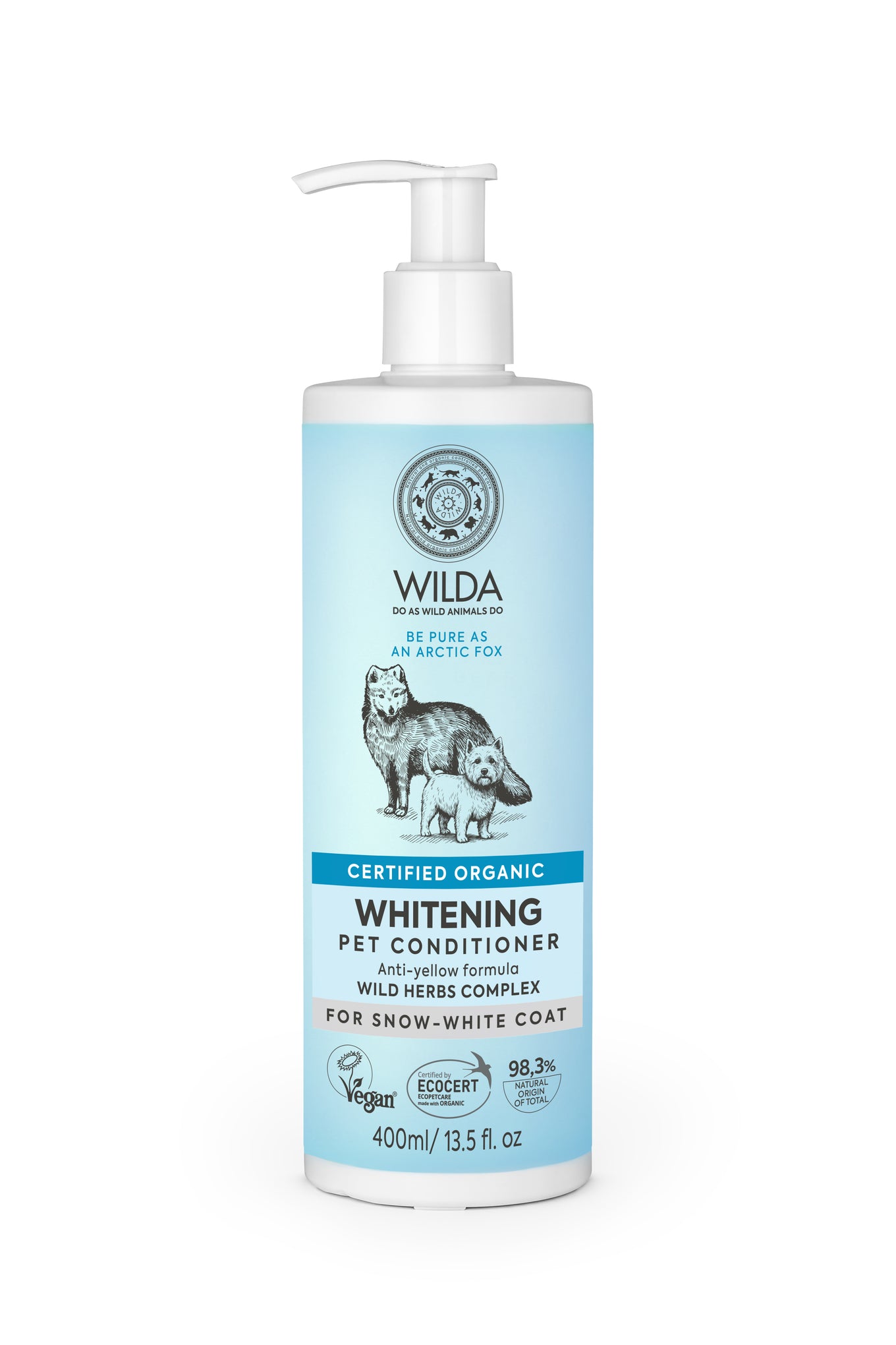 Blue bottle of Wilda Whitening Pet Conditioner for Snow-white coat