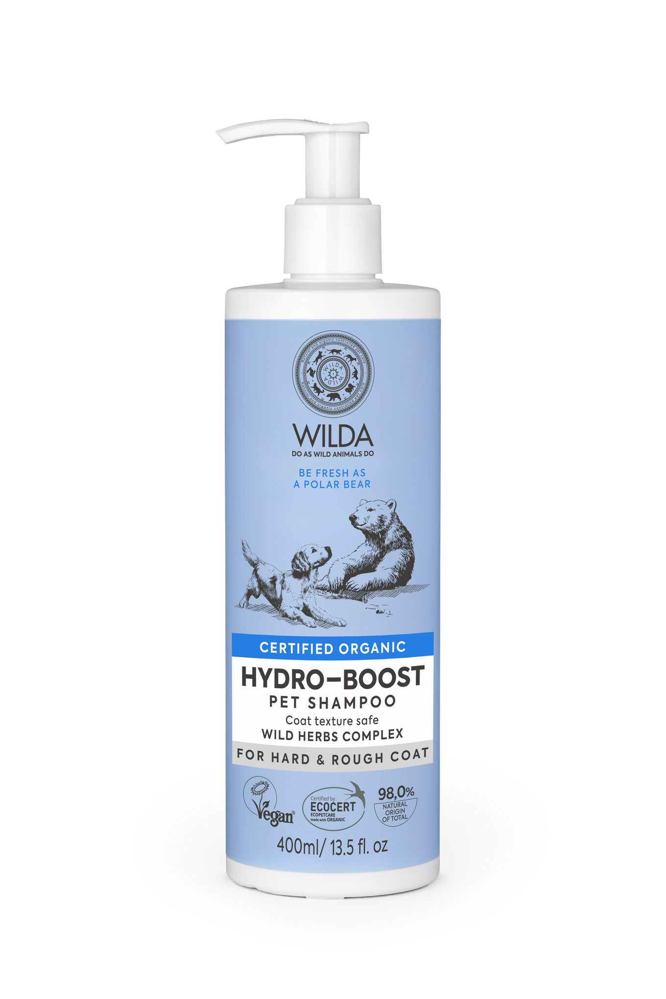 Wilda Hydro-Boost pet shampoo bottle on a white background