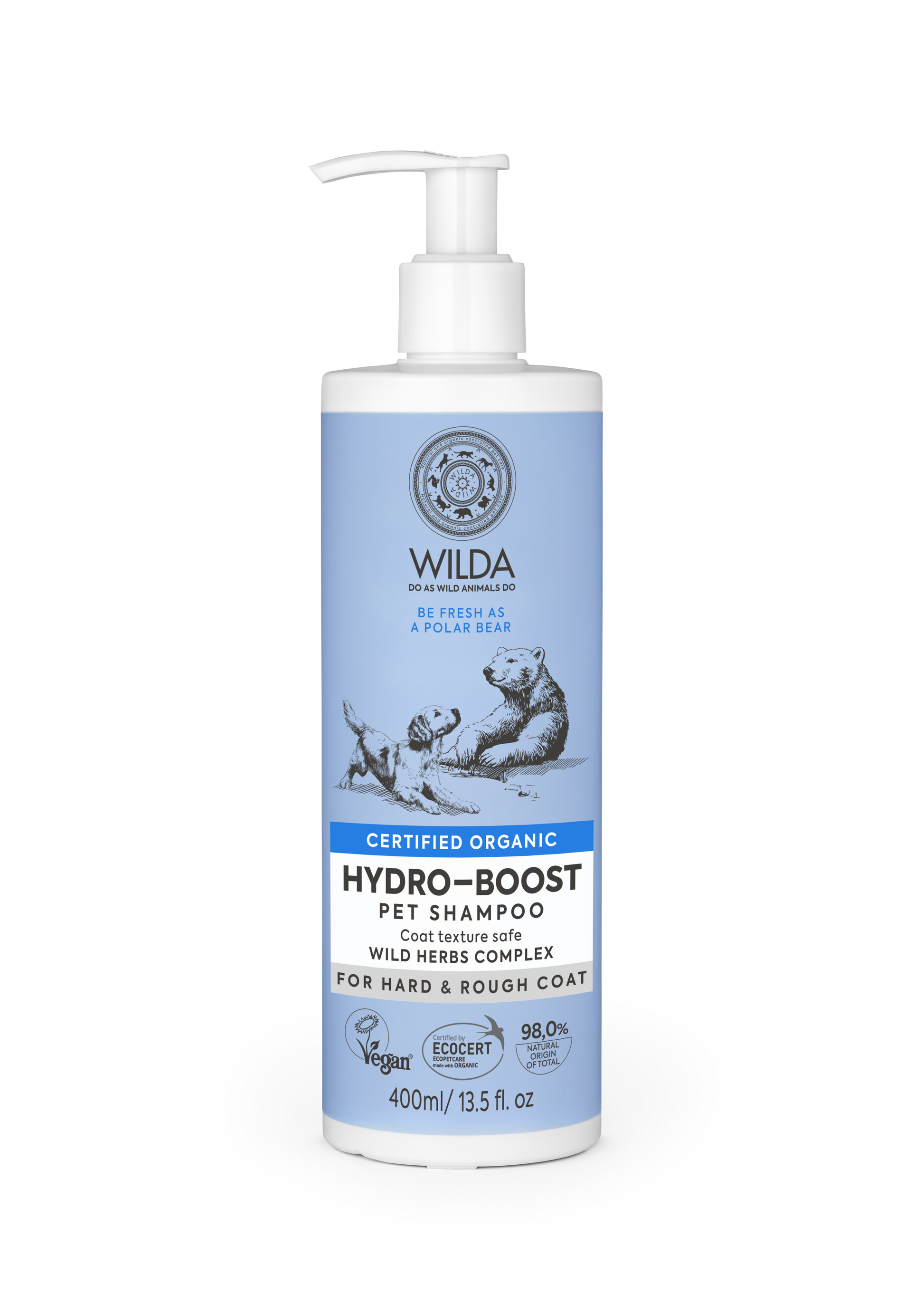 Wilda Hydro-Boost pet shampoo bottle on a white background