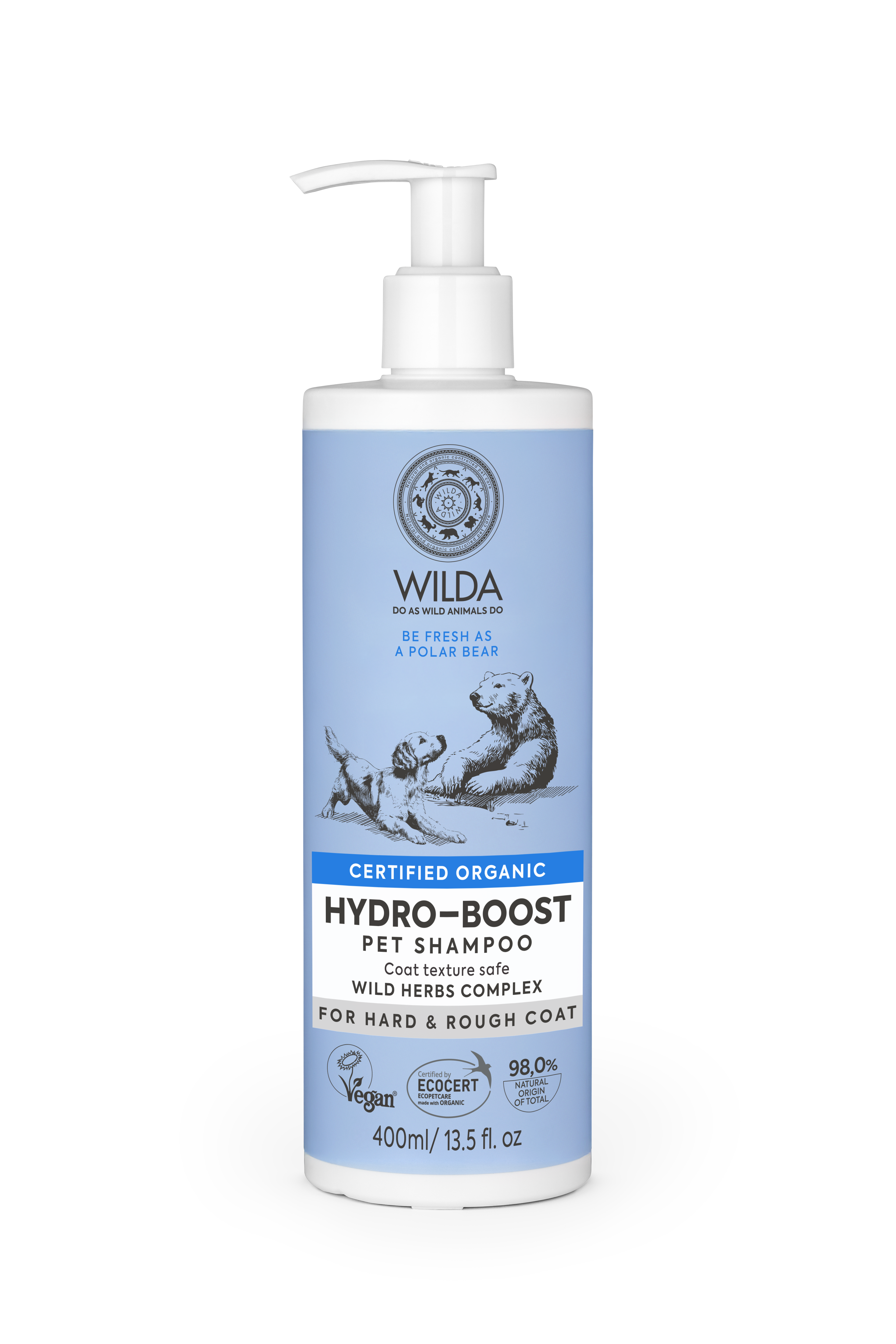 Wilda Hydro-Boost pet shampoo bottle on a white background