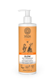 A bottle of Wilda Glow pet shampoo for short coat