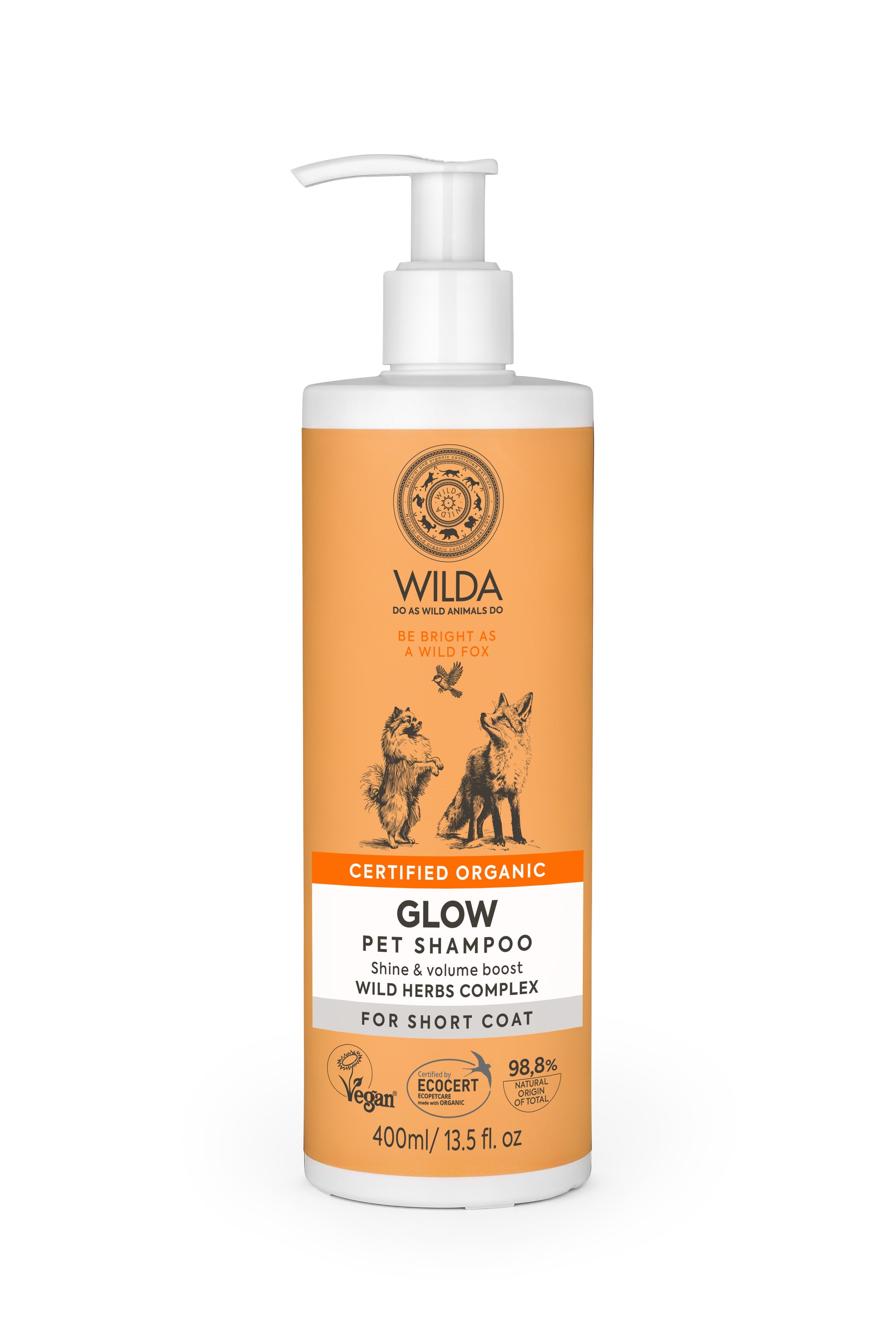 A bottle of Wilda Glow pet shampoo for short coat