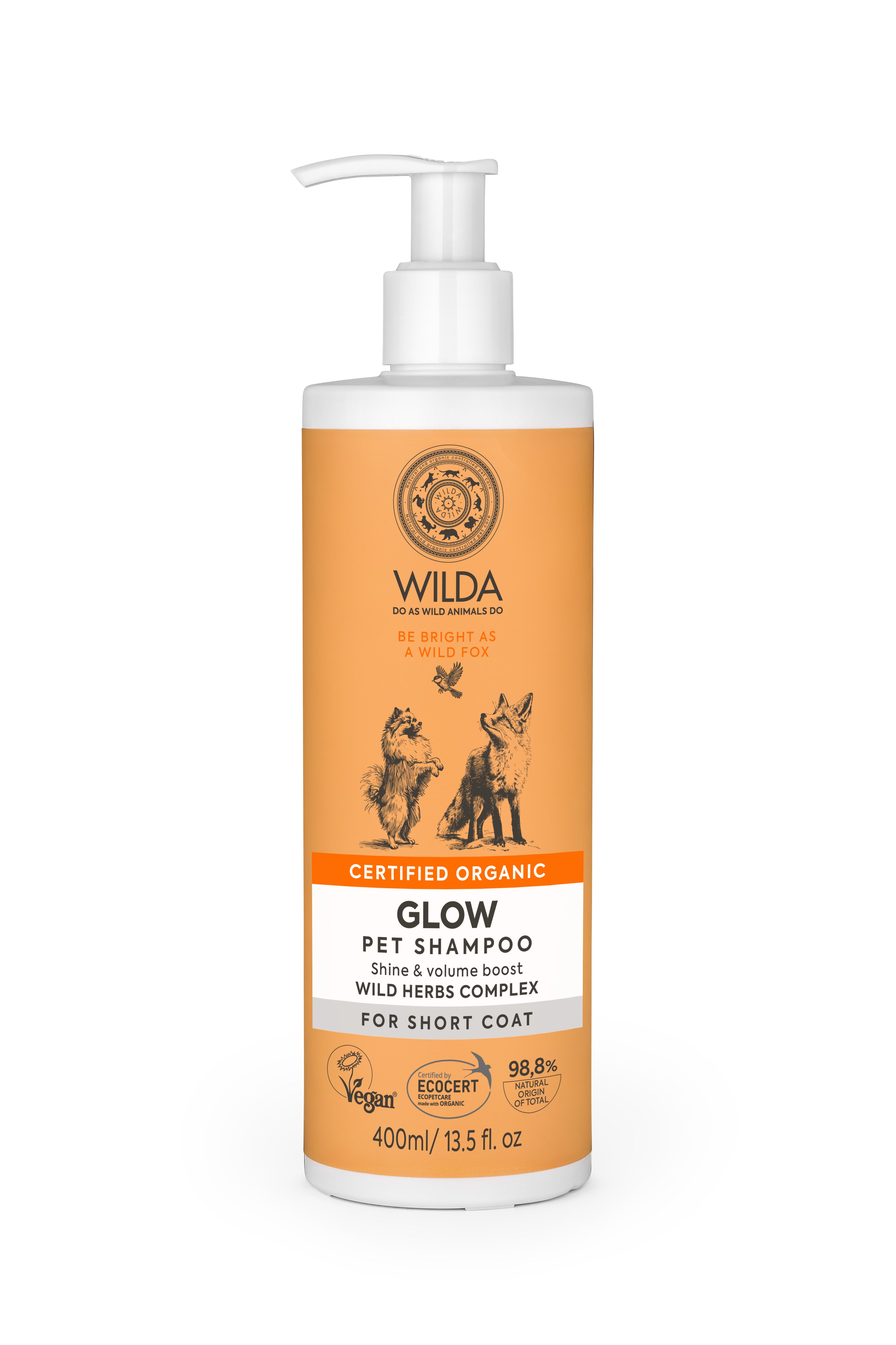 A bottle of Wilda Glow pet shampoo for short coat