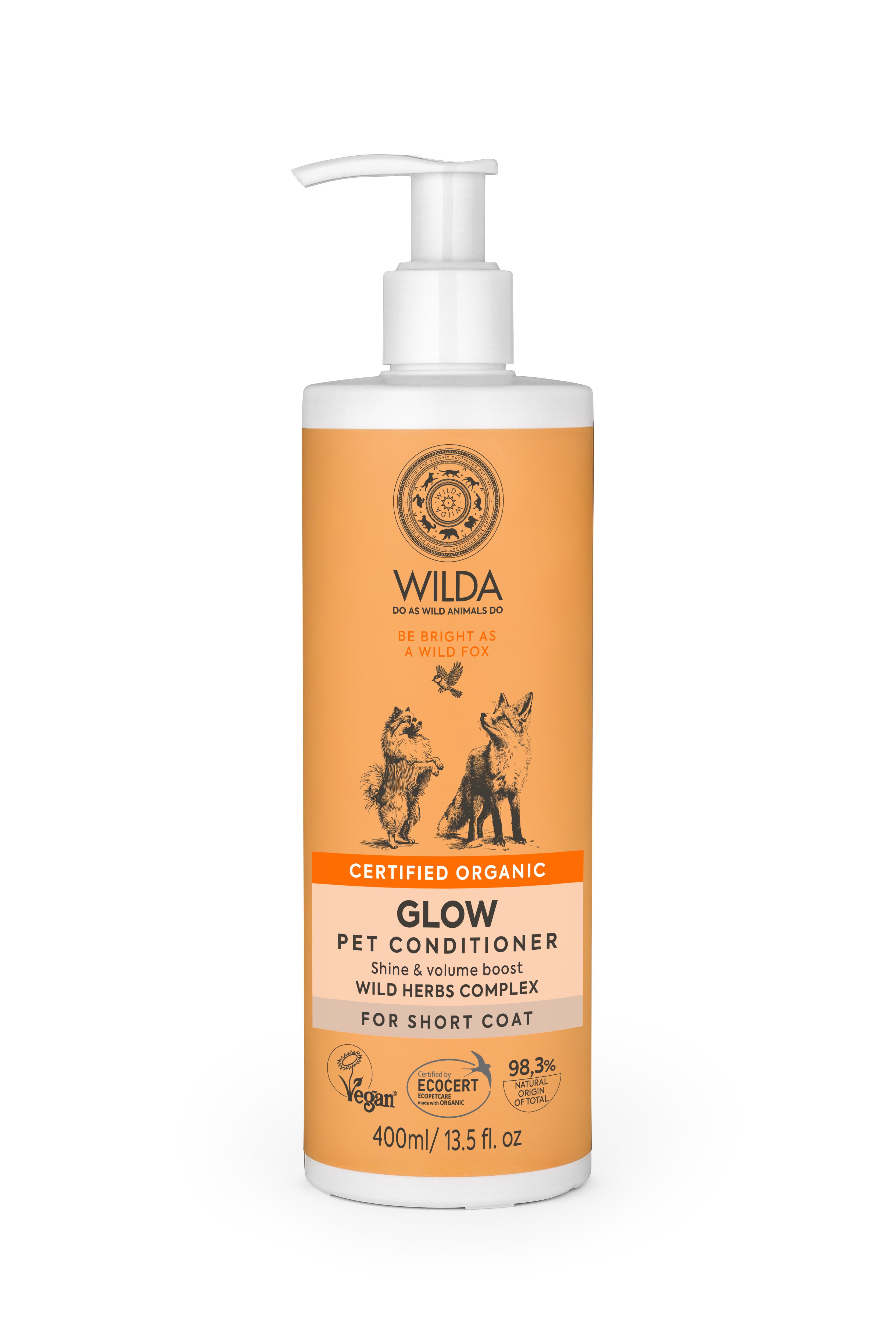 Orange bottle of Wilda Glow Pet Conditioner for short coat