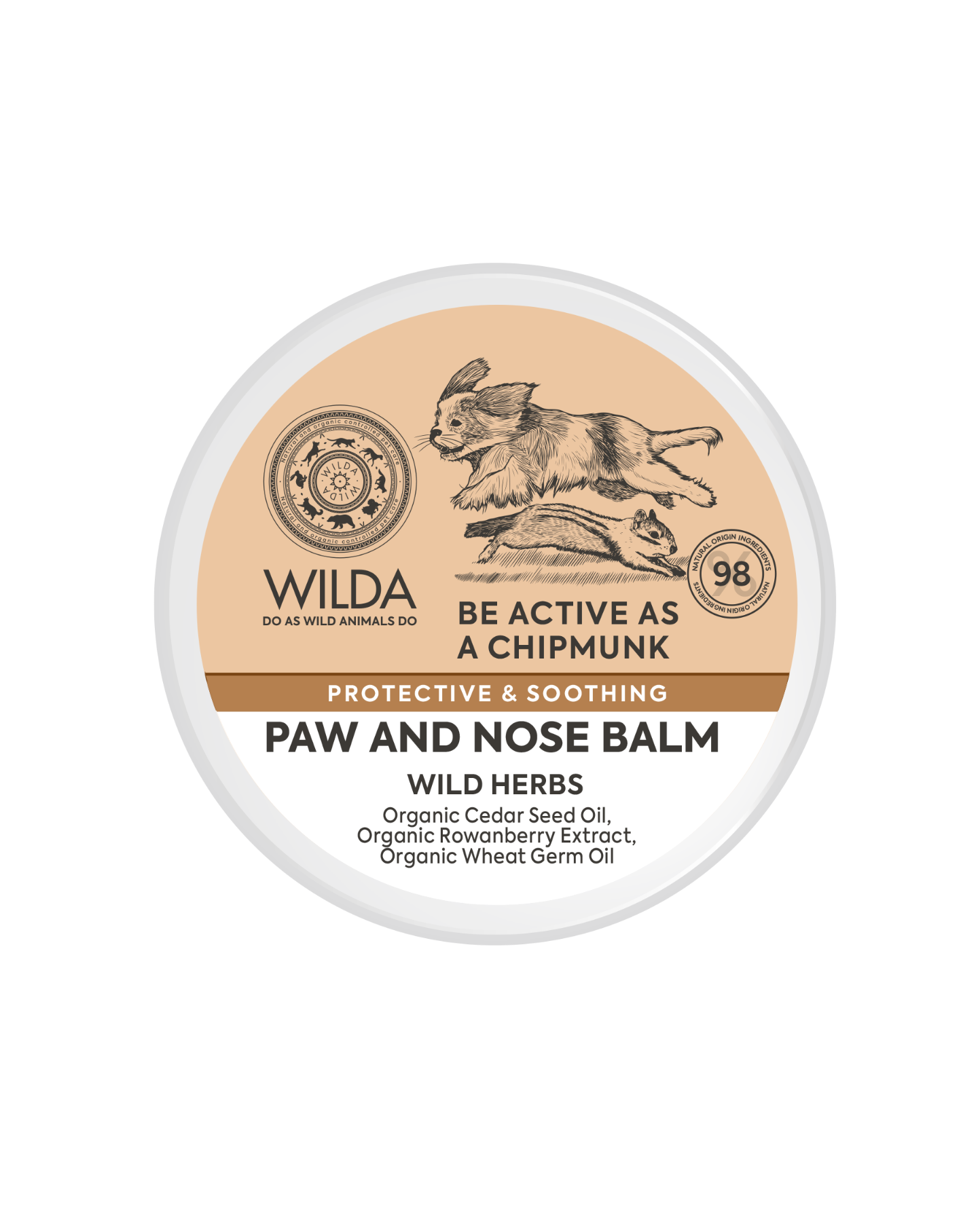 Wilda paw and nose balm container with packaging design featuring a dog and a chipmunk.
